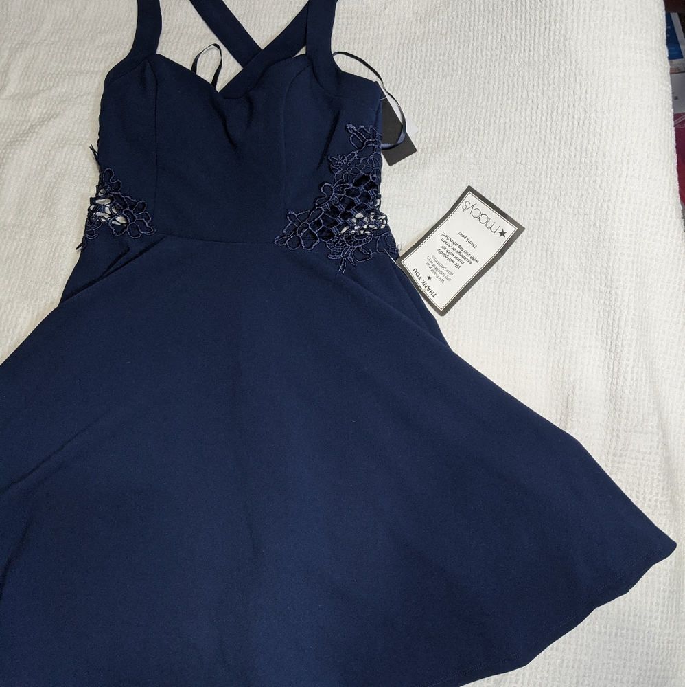 Navy Blue Dress City Studio Cocktail Dress with Lace Flared Skirt Sz 5